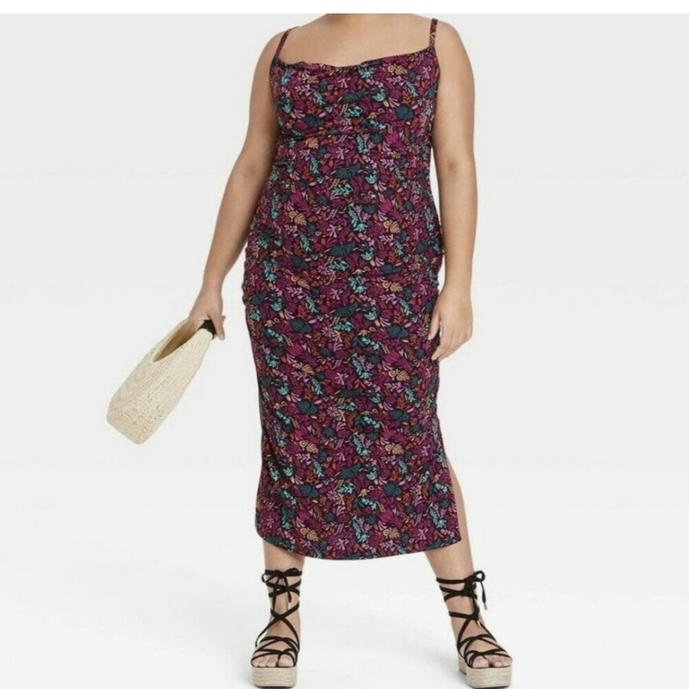 Ava & Viv Dress Size 2x Sleeveless Ruched Fitted Floral Print Bodycon Slit